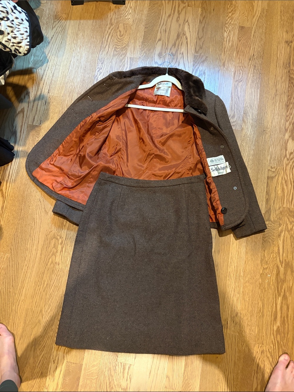 Vintage Selfridges Women's Brown Wool-Blend Skirt Suit Jacket Set
